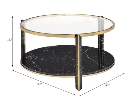 Acme - Thistle Coffee Table 83305 Clear Glass, Faux Black Marble Top & Champagne Finish