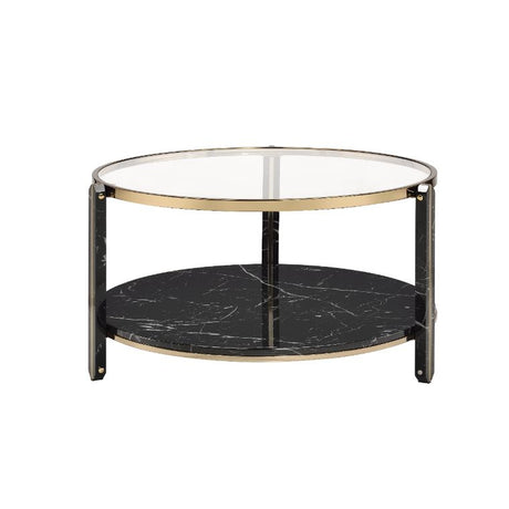 Acme - Thistle Coffee Table 83305 Clear Glass, Faux Black Marble Top & Champagne Finish