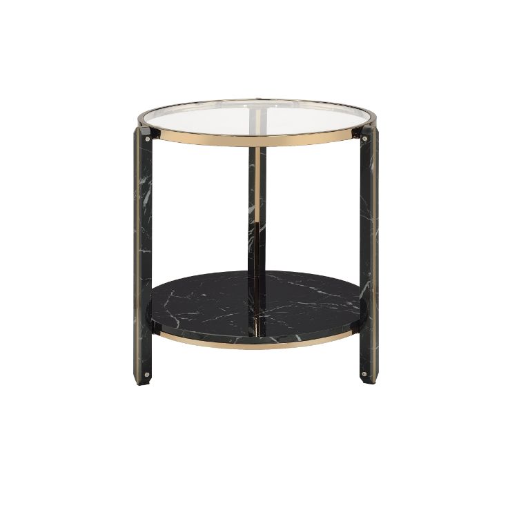 Acme - Thistle End Table 83307 Clear Glass, Faux Black Marble Top & Champagne Finish