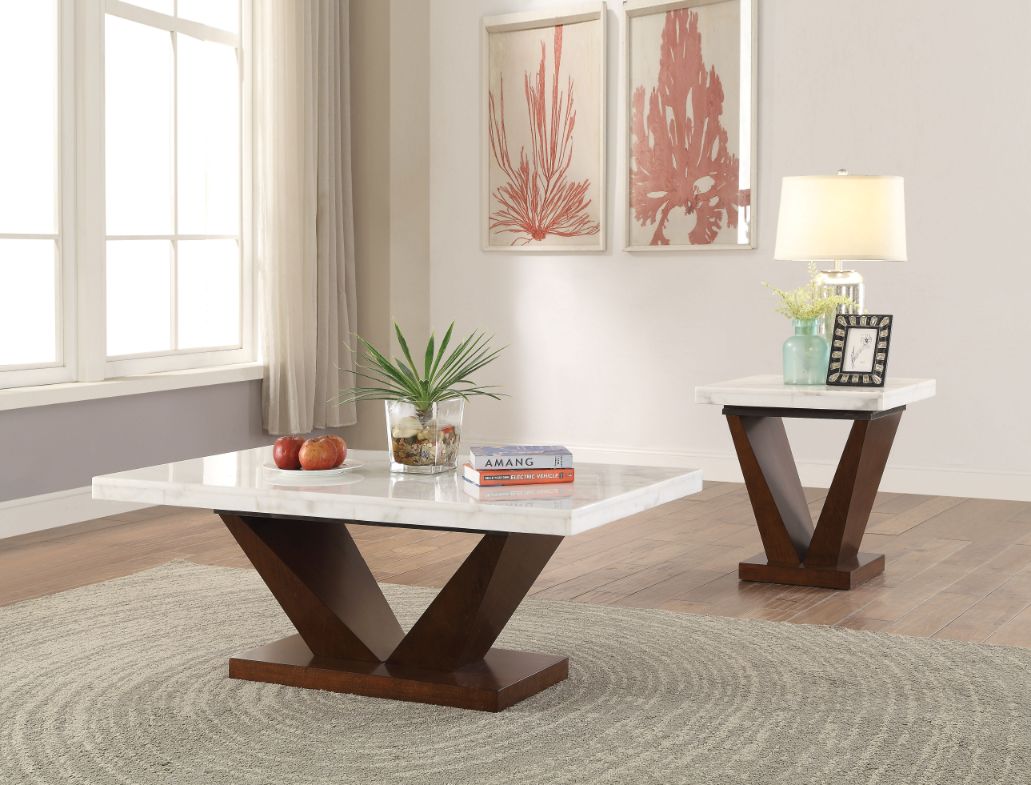 Acme - Forbes Coffee Table 83335 White Marble Top & Walnut Finish