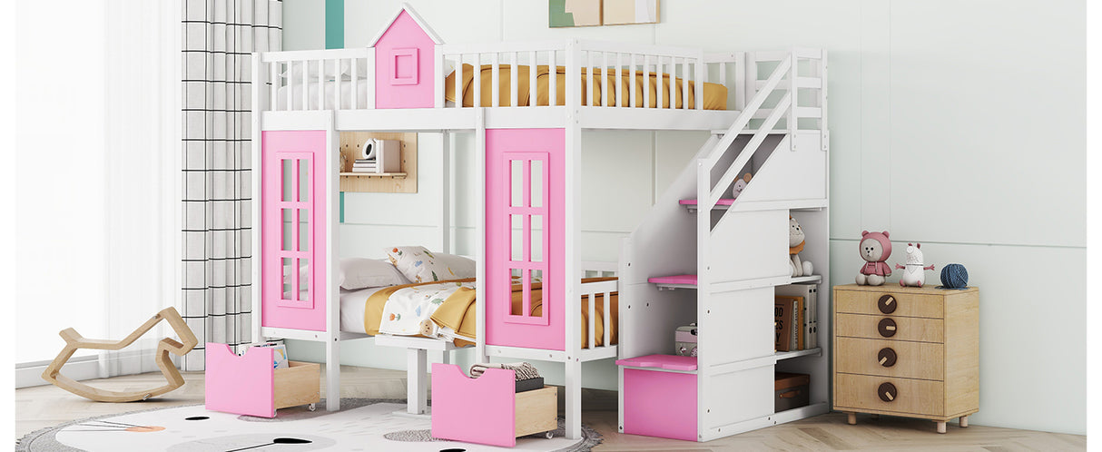 Full-Over-Full Bunk Bed with Changeable Table, Bunk Bed Turn into Upper Bed and Down Desk -Pink - Home Elegance USA