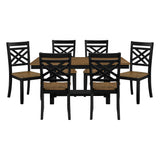 2-Tone Black Brown Finish 7pc Dining Set Table with Storage Shelf and 6x Side Chairs Modern Farmhouse Wooden Furniture