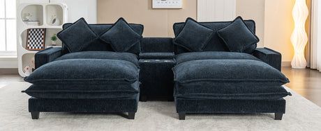 Contemporary Chenille Upholstered Sectional Sofa with Ottomans, USB Ports, Cup Holders & Storage, Blue - sold by Home Elegance USA