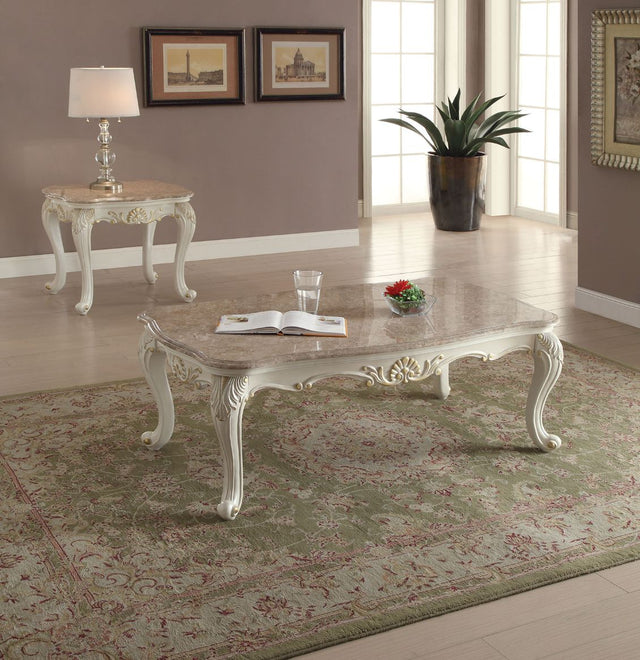 Acme - Chantelle Coffee Table W/Marble Top 83540 Marble Top & Pearl White Finish