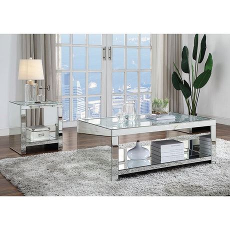 Acme - Noralie Coffee Table 83580 Clear Glass, Mirrored & Faux Diamonds