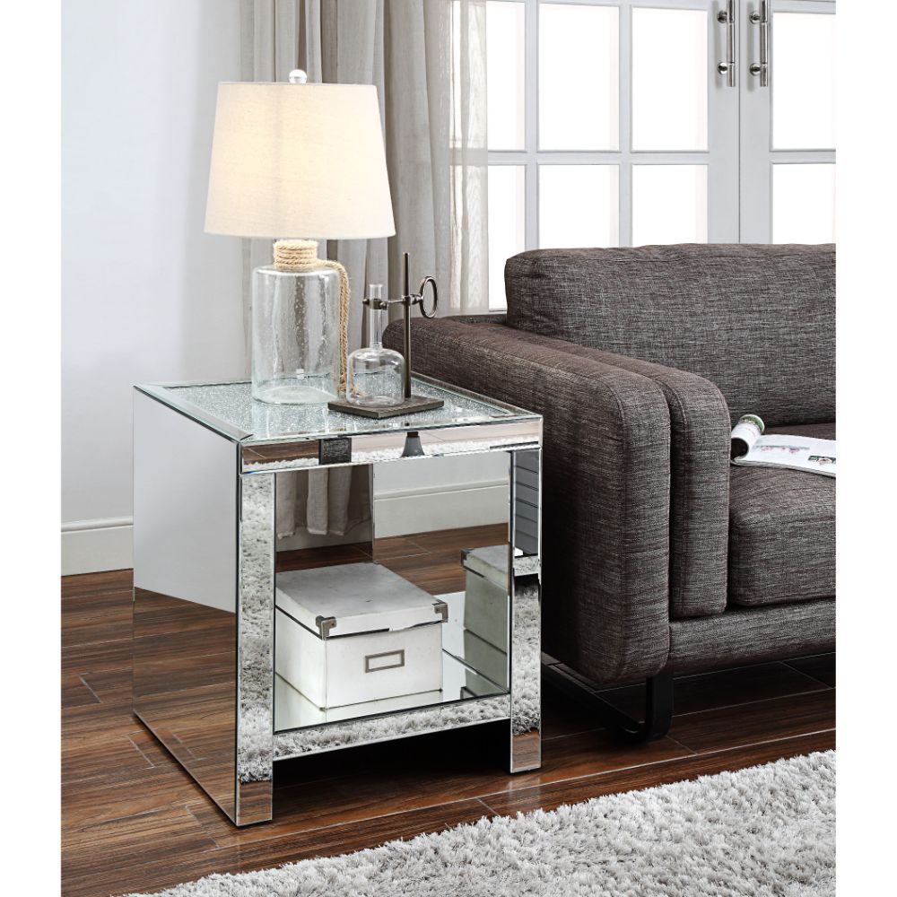 Acme - Noralie End Table 83582 Clear Glass, Mirrored & Faux Diamonds