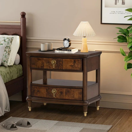 Traditional Style 1pc Nightstand Power Outlet Round Key Knobs Gold Capped Legs Ball Bearing Glide Dark Cherry Finish Bedroom Furniture