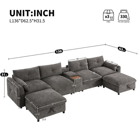 136'' Modular Sectional Sofa with Console, Cup Holder, USB Charger, Movable Storage Ottoman, Pull-line&Tufted Design, U-Shaped Oversized Chenille Sofa for Living Room&Apartment,2 Colors - sold by Home Elegance USA