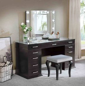 Glam Style 1pc Vanity w/ Padded Stool Set 8mm Glass Top Storage Drawers LED On Mirror Obsidian Gray Finish Bedroom Furniture
