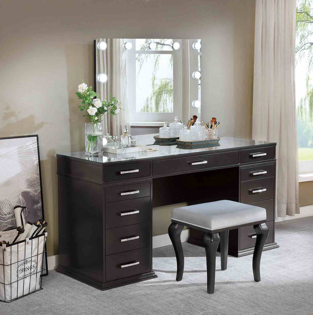 Glam Style 1pc Vanity w/ Padded Stool Set 8mm Glass Top Storage Drawers LED On Mirror Obsidian Gray Finish Bedroom Furniture