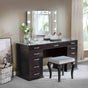Glam Style 1pc Vanity w/ Padded Stool Set 8mm Glass Top Storage Drawers LED On Mirror Obsidian Gray Finish Bedroom Furniture