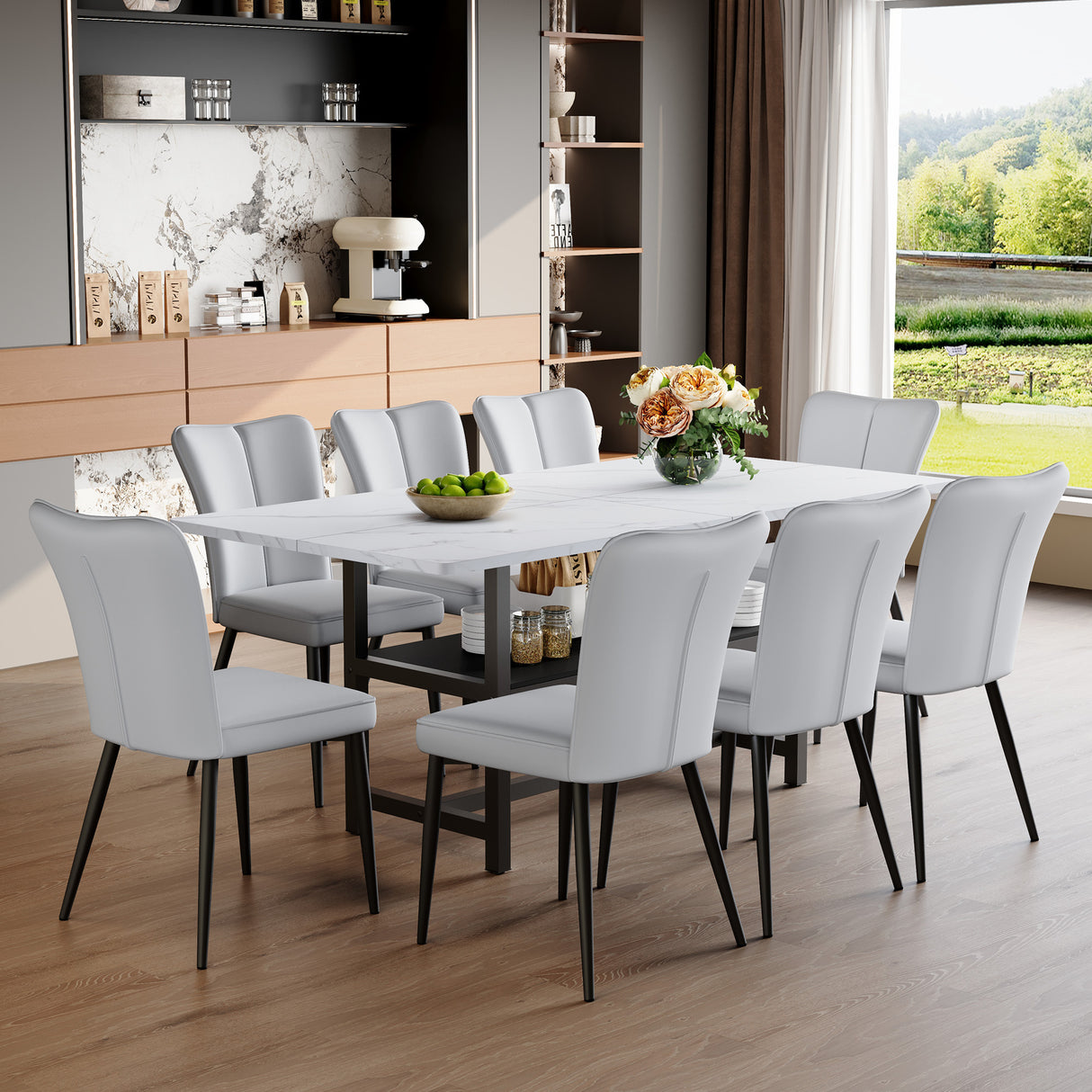 Table and chair set.71*35.4 inch White Grain Spliced Dining Table With Storage Function In The Middle Of The Legs.Paired with 8 Light Gray PU chairs with a vertical stripe design on the backrest.