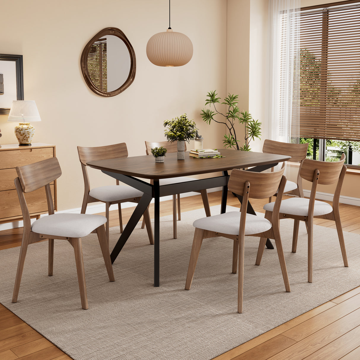 Juego de comedor tapizado de 7 piezas con estructura de madera de caucho, beige claro, nogal y negro