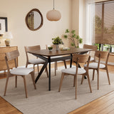 Juego de comedor tapizado de 7 piezas con estructura de madera de caucho, beige claro, nogal y negro