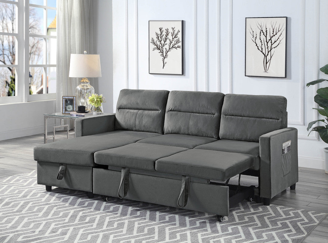 Ivy Dark Gray Velvet Reversible Sleeper Sectional Sofa with Storage Chaise and Side Pocket - Home Elegance USA