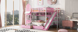 Full-Over-Full Castle Style Bunk Bed with 2 Drawers 3 Shelves and Slide - Pink - Home Elegance USA