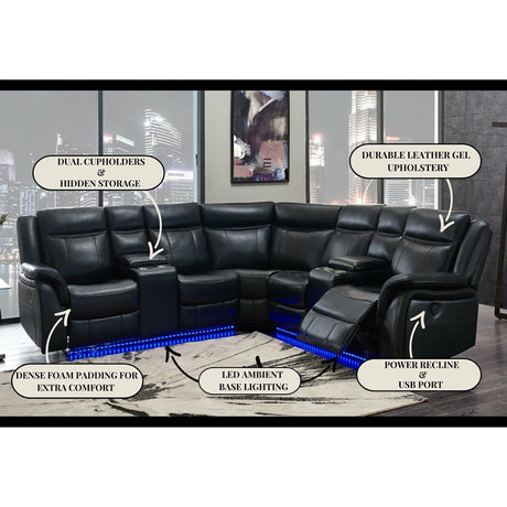 JUPITER Black Leather Sectional with Recliners and LED Lighting - sold by Home Elegance USA