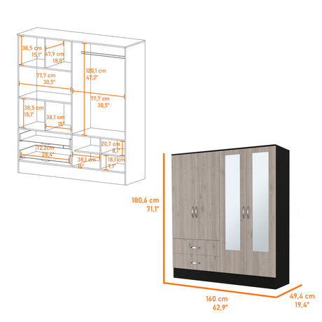 Florencia L Mirrored Armoire, Two Cabinets With Divisions,Black and Light Grey - sold by Home Elegance USA