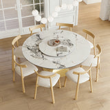 59' Round Sintered Stone Dining Table Set with Gold Stainless Steel Hourglass Base & 8 White Padded Chairs - Modern Luxury Marble-Look Kitchen Table for 6-8 People, Scratch & Heat Resistant Surface
