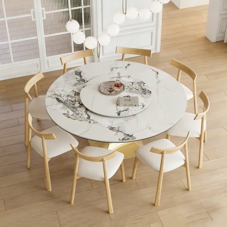 59' Round Sintered Stone Dining Table Set with Gold Stainless Steel Hourglass Base & 8 White Padded Chairs - Modern Luxury Marble-Look Kitchen Table for 6-8 People, Scratch & Heat Resistant Surface