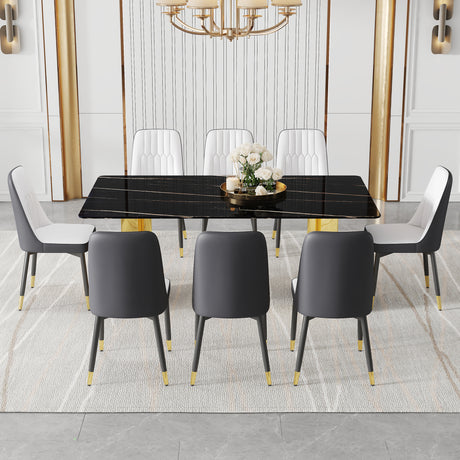 Table and chair set.The table has a glass top with imitation marble pattern stickers and stainless steel golden legs. Paried with 8 White and Dark Gray Spliced Color PU Dining Chairs.W1151S01559 - sold by Home Elegance USA