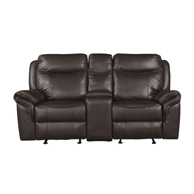 Dark Brown 1pc Double Glider Recliner Loveseat w/ Storage Console Cup Holder, Power Outlets USB Ports Faux Leather Upholstery Plush Seating Living Room Furniture