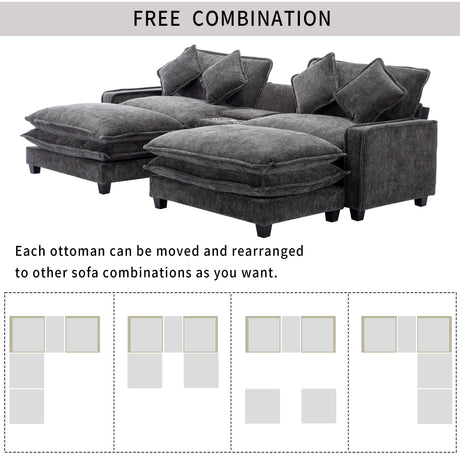 Modern Chenille Upholstered Sectional Sofa with Ottomans, USB Ports, Cup Holders, and Storage in Grey - sold by Home Elegance USA