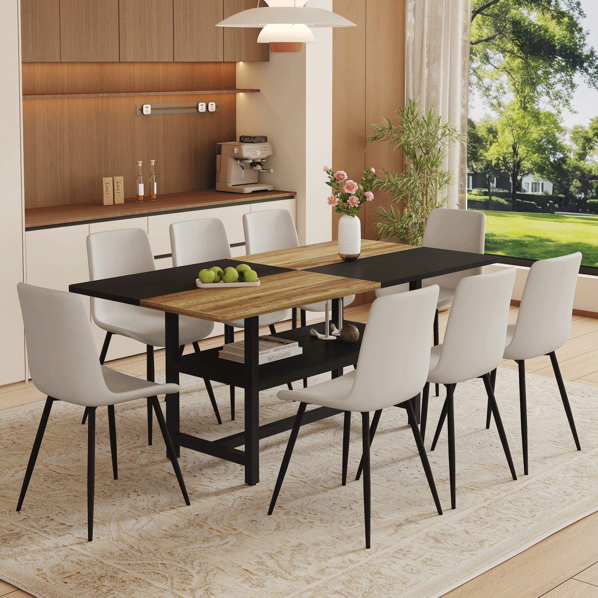 Table and chair set.71*35.4 inch Wooden And Black Spliced Dining Table With Storage Function In The Middle Of The Table Legs.Paired With 8 Warm Light Gray PU Chairs With Curved Widened Cushion Design.