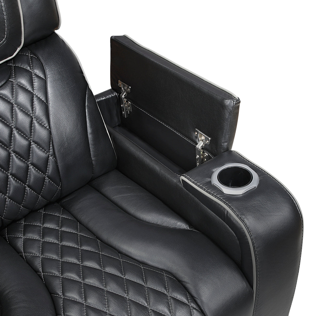 Black leather reclining sofa with cup holder and armrest on a white background
