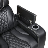 Black leather reclining sofa with cup holder and armrest on a white background