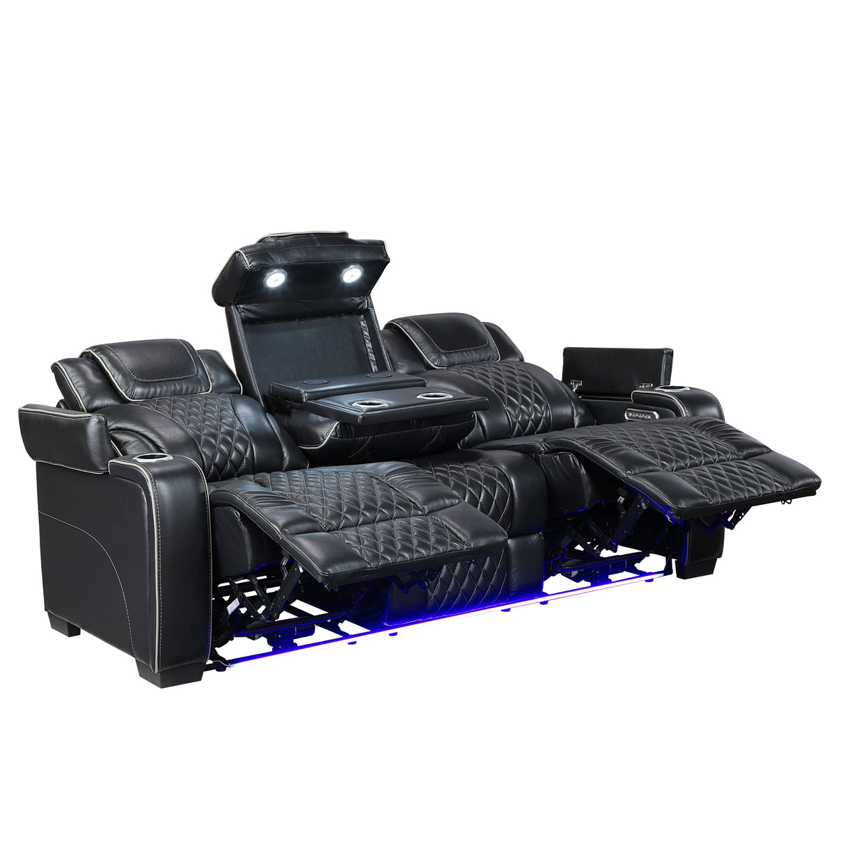 Black leather theater recliner with quilted design on a white background
