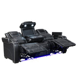 Black leather theater recliner with quilted design on a white background