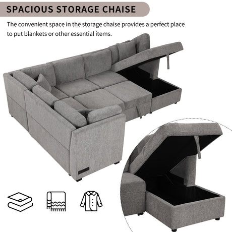 U-shaped Sectional Sofa Pull out Sofa Bed with USB Ports, Power Sockets, Storage Chaise, Light Gray Chenille, 108.6' - sold by Home Elegance USA