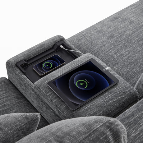 124'' L-Shaped Sectional Sofa with Multi-Functional Storage Console, Wired&Wireless Charger, Movable Ottoman, Wider&Thicker Cushion, Free Combination for Living Room&Apartment, Chenille - sold by Home Elegance USA