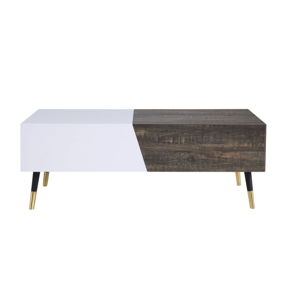 Acme - Orion Coffee Table 84680 White High Gloss & Rustic Oak Finish