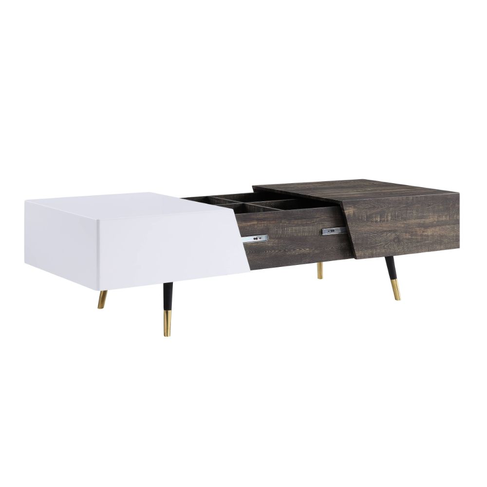 Acme - Orion Coffee Table 84680 White High Gloss & Rustic Oak Finish