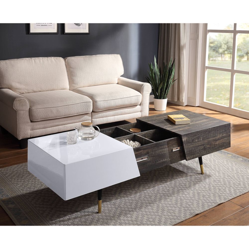 Acme - Orion Coffee Table 84680 White High Gloss & Rustic Oak Finish