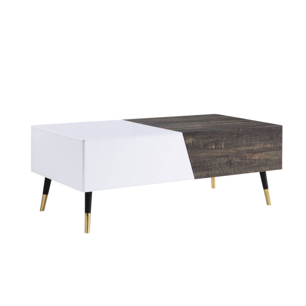 Acme - Orion Coffee Table 84680 White High Gloss & Rustic Oak Finish