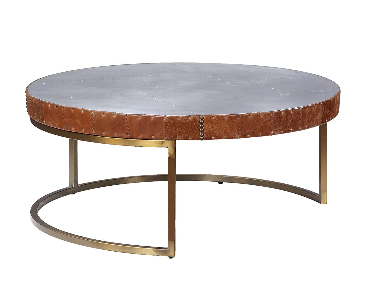 Acme - Tamas Coffee Table 84885 Aluminum & Cocoa Top Grain Leather