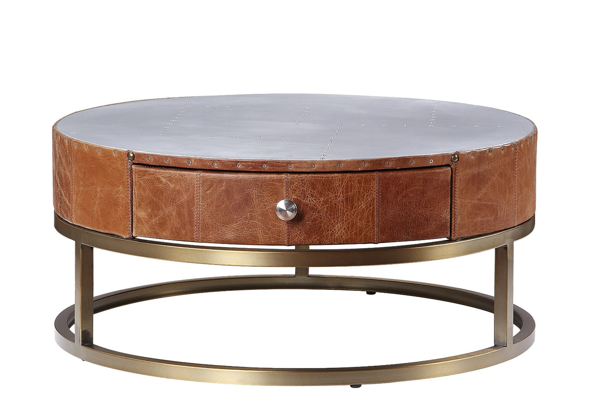 Acme - Tamas Coffee Table 84890 Aluminum & Cocoa Top Grain Leather