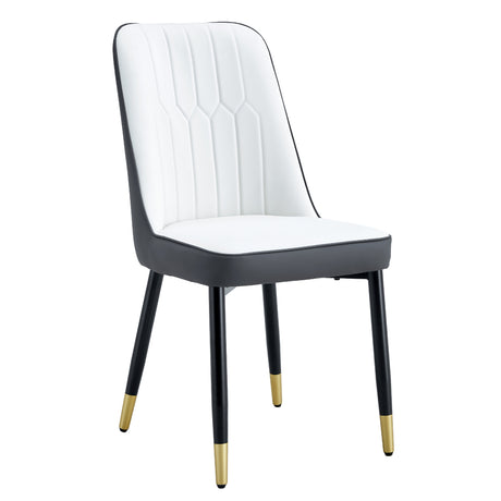 Table and chair set.The table has a glass top with imitation marble pattern stickers and stainless steel golden legs. Paried with 8 White and Dark Gray Spliced Color PU Dining Chairs.W1151S01559 - sold by Home Elegance USA