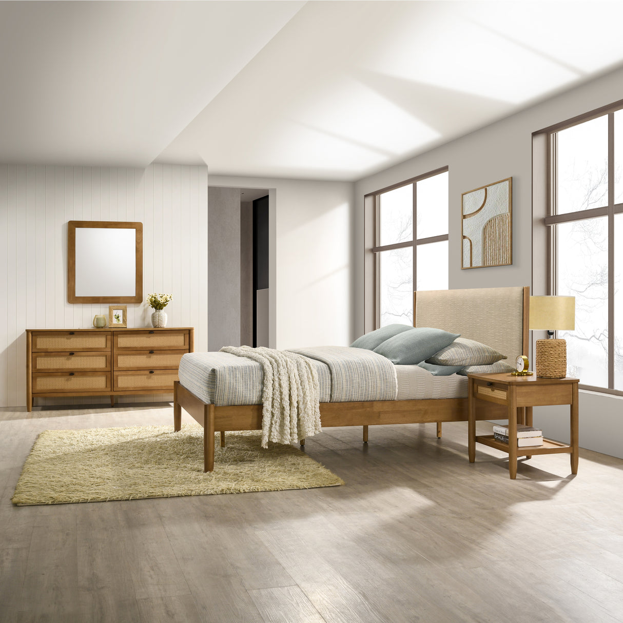 Vichy 4-Piece Rubberwood Bedroom Set with Textured Polyester Upholstered Queen Bed, Dresser, Mirror, and Nightstand