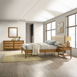 Vichy 4-Piece Rubberwood Bedroom Set with Textured Polyester Upholstered Queen Bed, Dresser, Mirror, and Nightstand