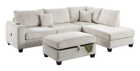 Ivory Color 3pc Sectional Set Corduroy Upholstered LAF Sofa RAF Chaise Ottoman L-Sectional Living Room Furniture - sold by Home Elegance USA