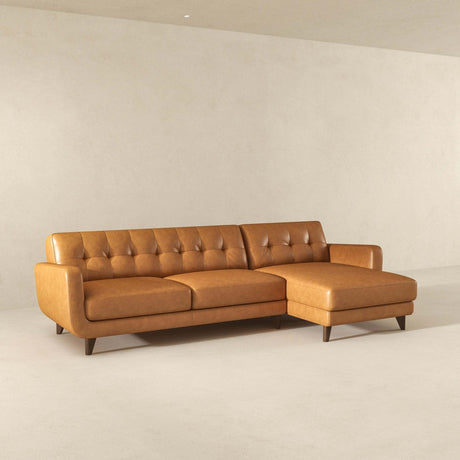 Allison Right-Facing Tan Leather Sectional Sofa Mid-Century Modern Style 113 x 59 x 32 Inches - sold by Home Elegance USA