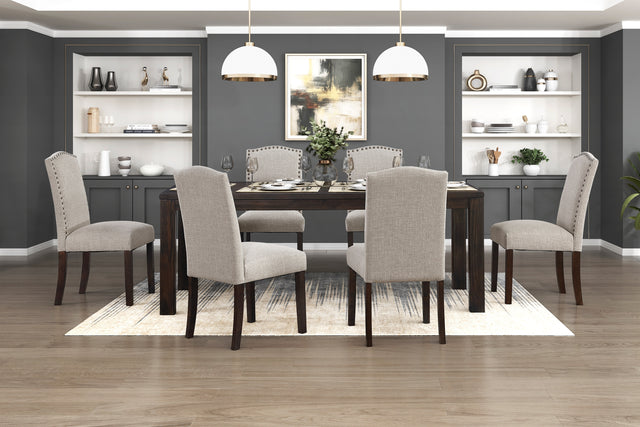 7pc Dining Set Dark Brown Finish Table and Taupe Fabric Upholstered 6x Side Chairs Wooden Modern Dining Kitchen Furniture