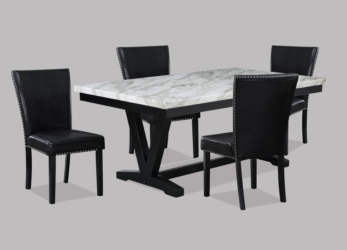 White Faux Marble & Black Finish Dining Table Set Black Faux Leather Upholstered Chairs Nailhead Trim Polyurethane Fabric 5pc Set