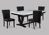White Faux Marble & Black Finish Dining Table Set Black Faux Leather Upholstered Chairs Nailhead Trim Polyurethane Fabric 5pc Set