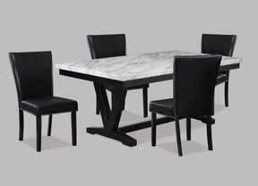 White Faux Marble & Black Finish Dining Table Set Black Faux Leather Upholstered Chairs Nailhead Trim Polyurethane Fabric 5pc Set - sold by Home Elegance USA