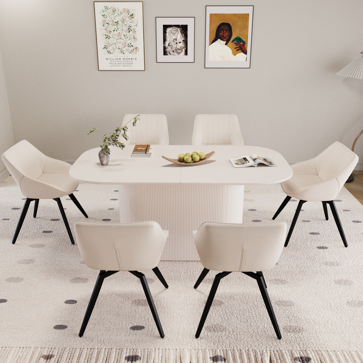 Mesa de comedor de MDF de 1,8 m, estilo medieval moderno color crema, y ​​6 juegos de sillas decorativas de PU con patas de metal negro. Conjunto de mesa y sillas de comedor de cuero artificial, ideal para el hogar y la cocina.